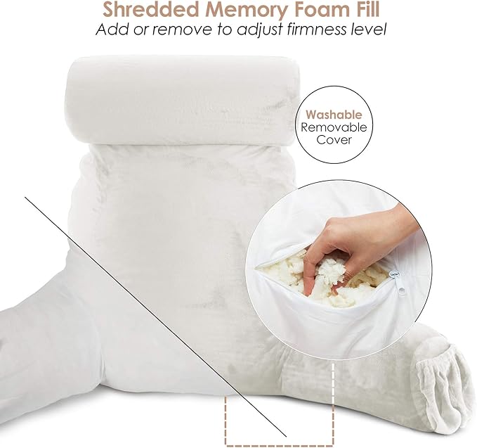 Clara Clark Reading Pillow with Shredded Memory Foam Includes 2 Neck and Lumber Support Pillows, Designed for Sitting Up in Bed and Couch, Back and Arms Adjustable Support for Adults & Teens, White