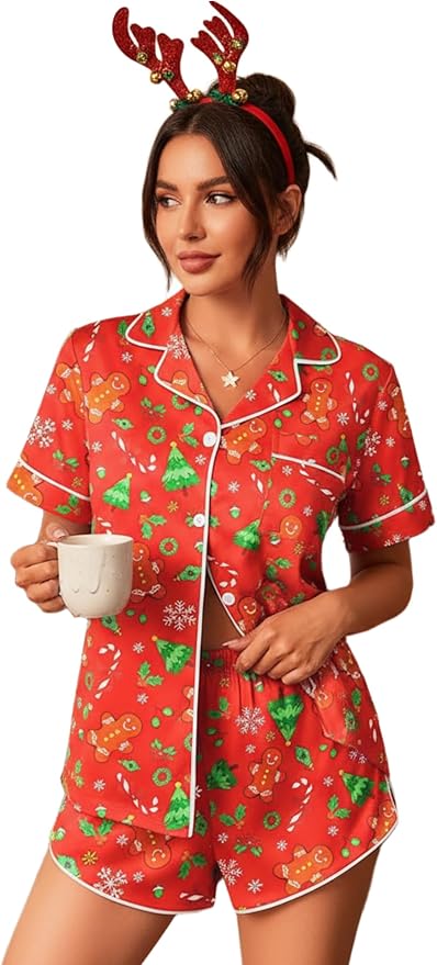 Ekouaer Womens Silk Satin Pajama Set Print Short Sleeve Sleepwear Button Down Pjs Shorts Set Loungewear
