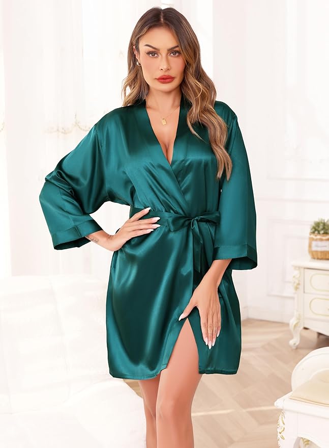 Women's Robes Satin Bathrobe Lightweight Short Silk Kimono V-Neck Bride Bridesmaids Loungewear