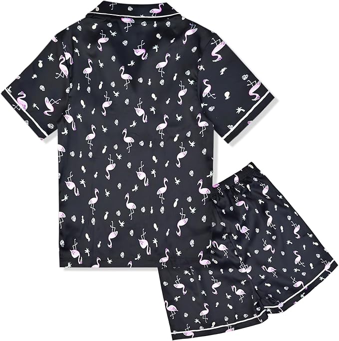 QPANCY Kids Satin Pajamas Sets Baby Boy Girl Button-Down Silk Sleepwear 2 Piece Short Sleeve Loungewear Clothes Set