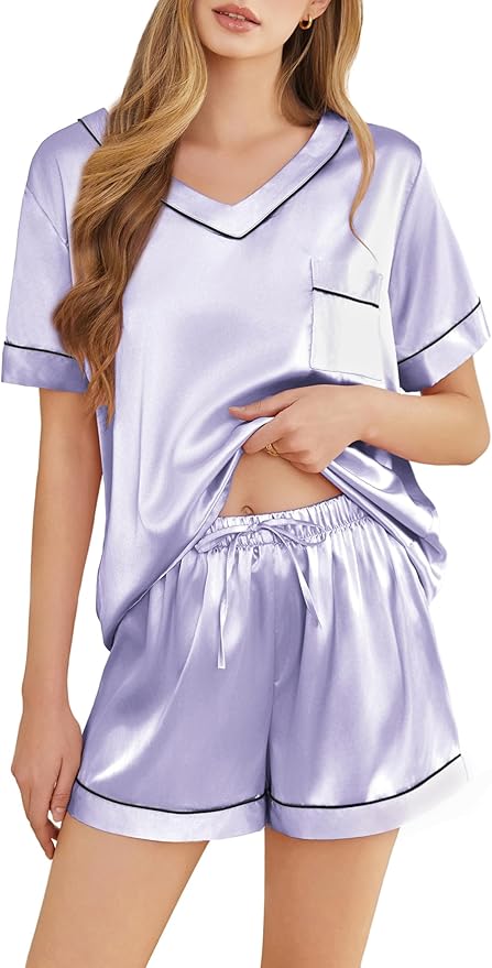 Silk Pajamas for Women Short Sleeve Satin 2 Piece Pj Set Soft V Neck Sleepwear Loungewear, S-XXL