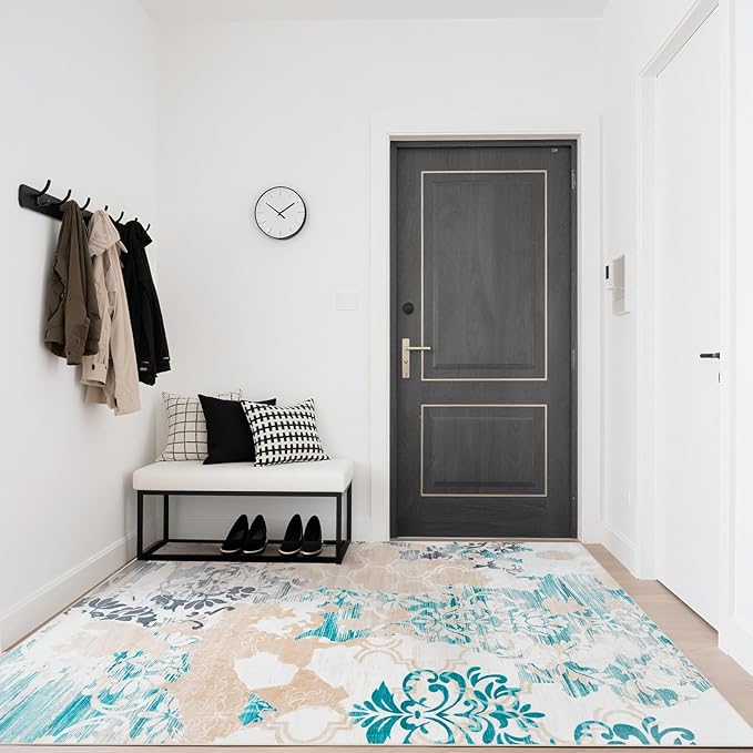 CRYPTOLITE Abstract Area Rug Washable Rug with Non-Slip Backing Low Pile Area Rugs for Living Room, Bedroom, Dining Room,4x6, Blue