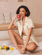 Ekouaer Womens Silk Pajama Sets Button Up Satin Pjs Short Sleeve 2 Piece Pj Sets Cute Lounge Sets with Chest Pocket