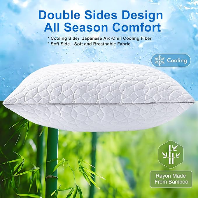 Cooling Pillows Standard Size Set of 4, Shredded Memory Foam Pillows, Adjustable Firm Bed Pillows Cool Cold Pillow for Hot Side Back Stomach Sleepers with Removable Washable Cover, 20" x 26", White