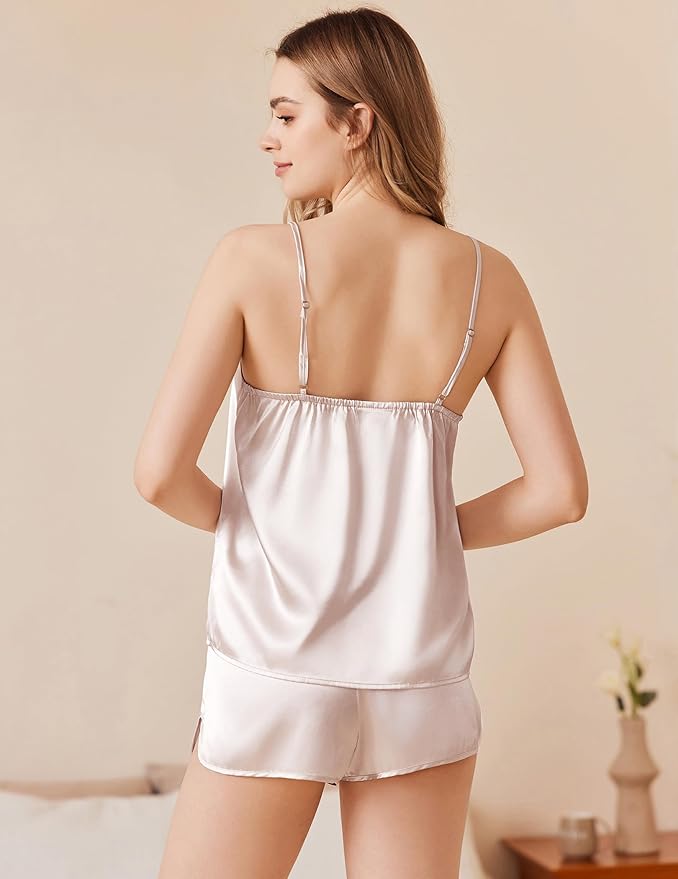 Ekouaer Silk Pajamas Set for Women Satin Camisole Sleepwear Lingerie V-Neck Cami Top and Shorts Pjs