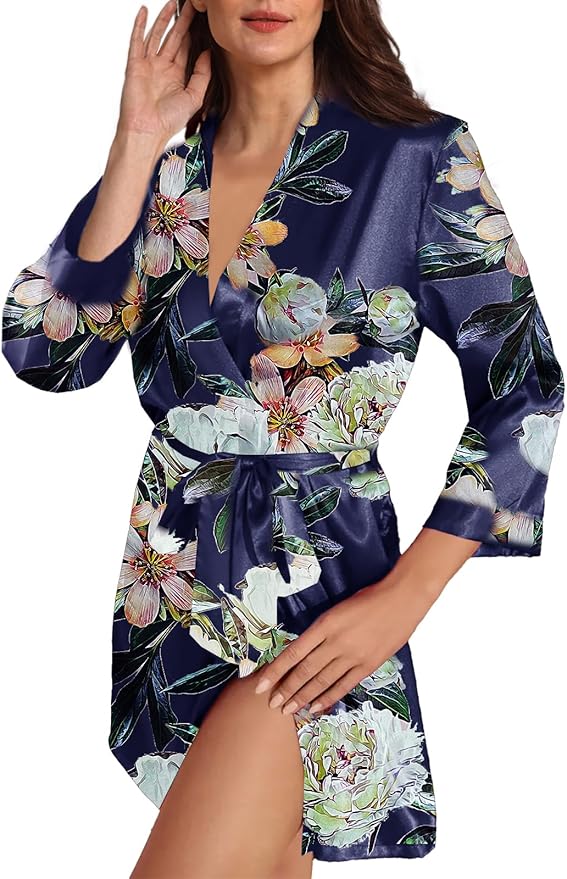 WJing Yi Jia Womens Satin Kimono Robe Silky Robes Floral Bathrobe Bride Bridesmaid Wedding Bridal Dressing Gown Loungewear