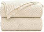 Longhui bedding Cream Cotton Cable Knit Throw Blanket for Couch Sofa Bed, Home Decorative Throw Blanket for Couch, Lightweight Woven Throw Blankets with Bonus Laundering Bag, 3.4 Pounds 60 x 80 Beige