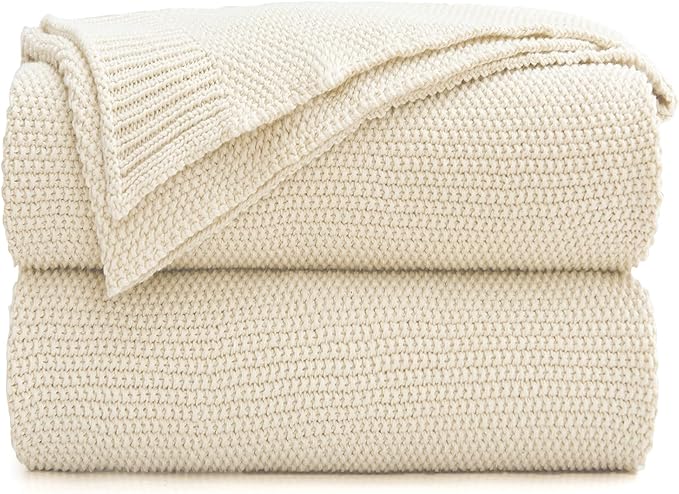 Longhui bedding Cotton Cable Knit Throw Blanket for Couch Sofa Bed, Home Decorative, Lightweight Woven Blankets with Bonus Laundering Bag, 50“ x 60”, Beige