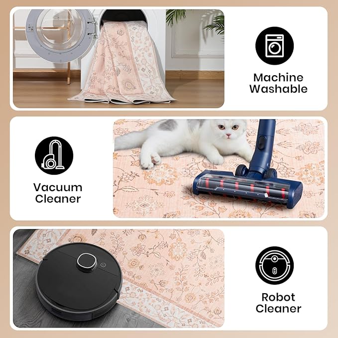 CRYPTOLITE Area Rug for Living Room, 6x9 Machine Washable Non Slip Large Faux Wool Throw Rug, Low Pile & Non-Shedding Boho Large Carpet Rugs for for Dining Room, Bedroom, Office (Cinnamon)