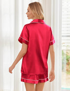 Ekouaer Womens Silk Satin Pajama Sets Soft Short Sleeve Button Down Sleepwear Top and Shorts 2 Piece Pjs Lounge Set