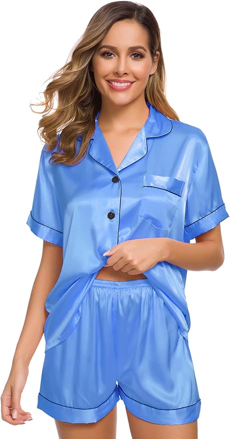 SWOMOG Womens Silk Satin Pajamas Set Short Sleeve Sleepwear Button Down Top and Shorts Loungewear 2 Piece Pjs Set XS-3XL