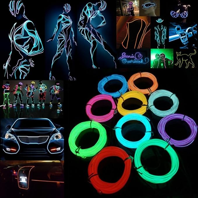 JIGUOOR EL Wire Battery Pack 16.4ft / 5m Bright Neon Light Strip 360° Illumination Neon Tube Rope Lights for DIY, Festival, Party Decoration, Pub, Halloween, Chrismas (16.4ft / 5m, Fluorescent Green)