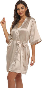 Women's Pure Short Kimono Robes Bride Bridesmaids Silky Bathrobe Lightweight Satin Sleepwear