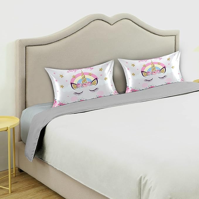 Cute Unicorn Girl Print Satin Pillowcase for Hair and Skin, Unicorn and Pink Flowers Silk Pillow Case with Envelope Closure, King Size 20x40 inches, White, 1 PC