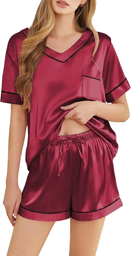 Silk Pajamas for Women Short Sleeve Satin 2 Piece Pj Set Soft V Neck Sleepwear Loungewear, S-XXL