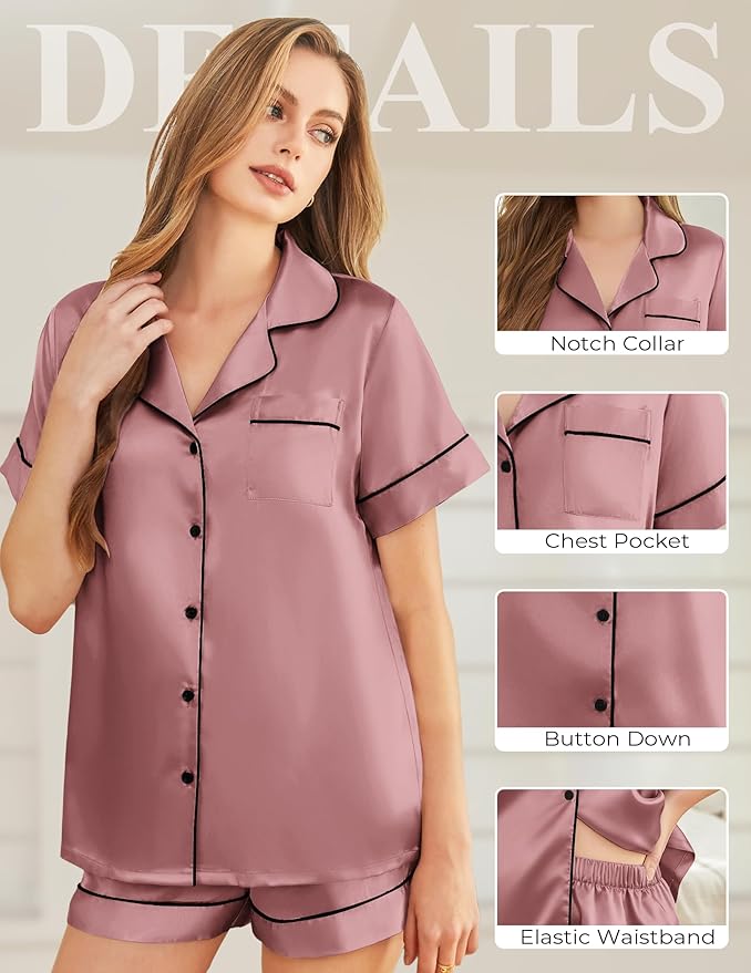 Silk Pajamas for Women Short Sleeve Sleepwear Soft Button Down Loungewear 2 Piece Satin Pjs Shorts Set S-XXL