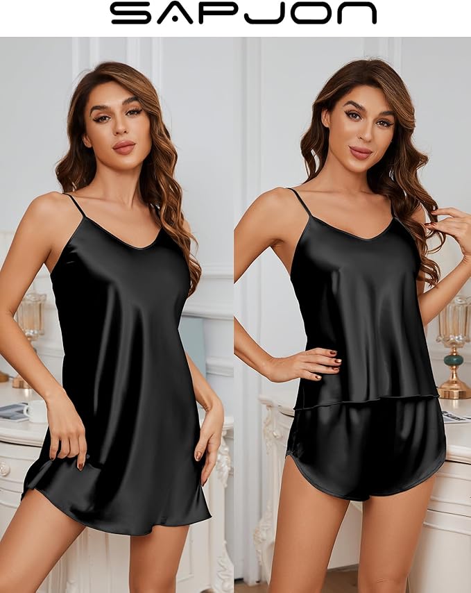 SAPJON Silk Pajamas for Women 5Pcs Sleepwear Loungewear Satin Robe Cami Shorts Pj Set