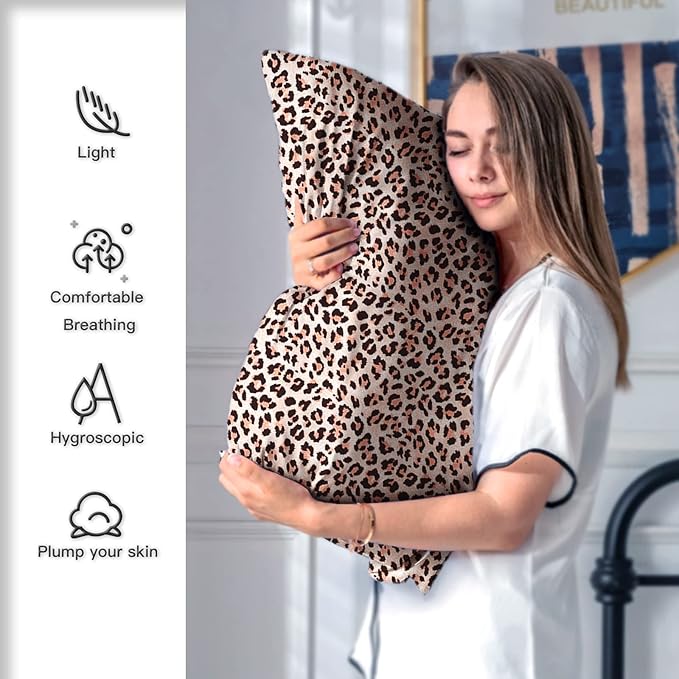 Mulberry Silk Pillowcase for Hair and Skin King Size Leopard Print Silk Pillow Cases with Zipper Soft Breathable Smooth Cooling Silk Pillow Covers for Sleeping (Taupe Leopard, 20"X 36",1Pcs)