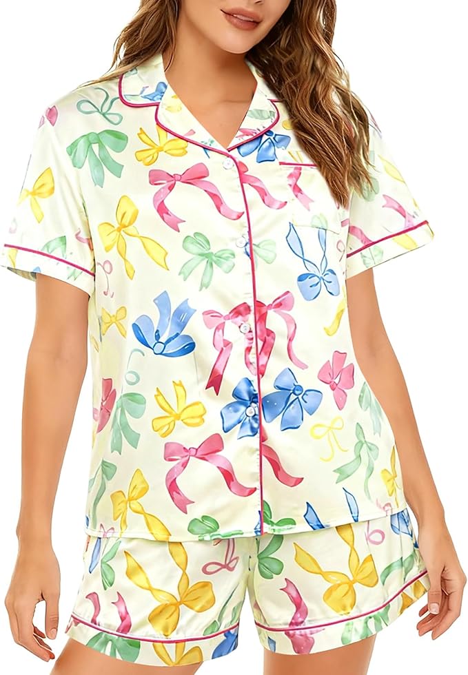 ASTANFY Silk Satin Pajama Set Womens Silk Satin 2 Piece Pjs Shorts Sleepwear Christmas Button Down Shirt Bride Pj Lounge Sets