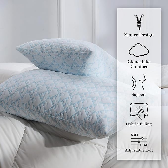 Meoflaw Adjustable Memory Foam Bed Pillows:King Size Shredded Foam Pillow Set of 2 for Sleeping with Removable & Washable Pillowcase for Back,Side & Stoamch Sleeper-Medium Firm