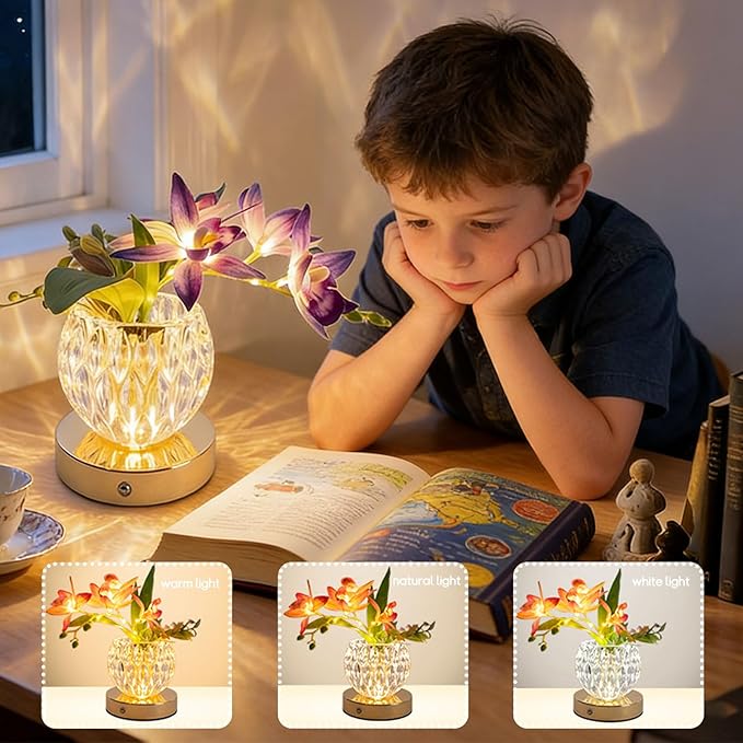 Flower Table Lamp, Orchid Flower with Crystal Vase Lamp, Cordless Touch Desk Light, 3 Colors Dimming & Rechargeable, Small Night Light for Bedroom Home, Romantic Gifts for Girl Women (Purple)