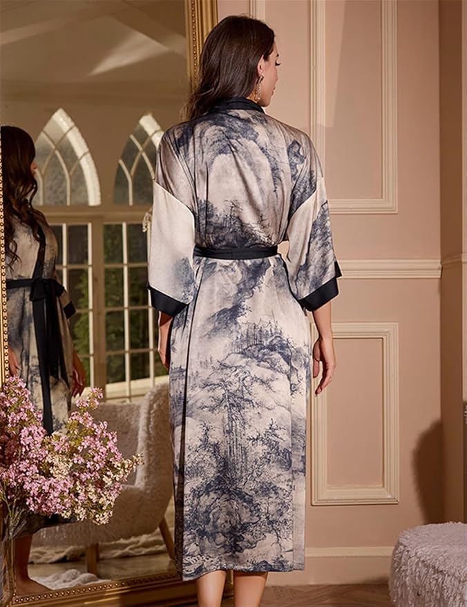 Kihnop Women's Floral Long Kimono Robe Long Satin Robe Long Silk Robe Ladies Kimonos Silky Bathrobe Cover Up, One Size