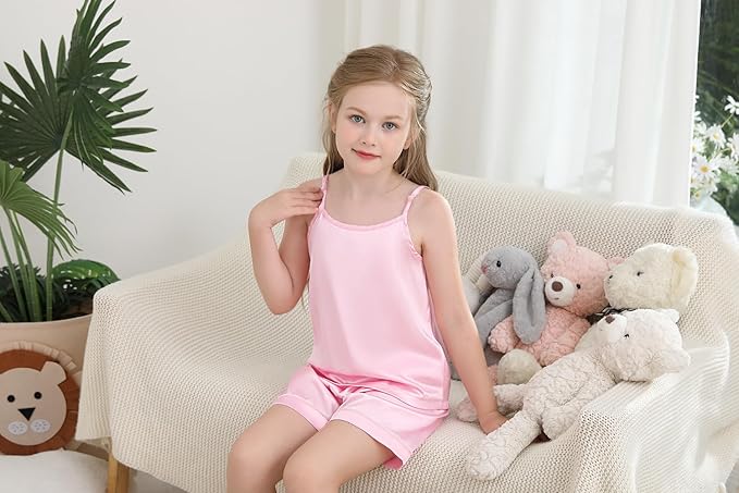 Weixinbuy Girls Pajamas Silk PJS Set Sleeveless Pajama Tank Elastic Waist Shorts Sleepwear Kids Summer Nightwear Clothes Set