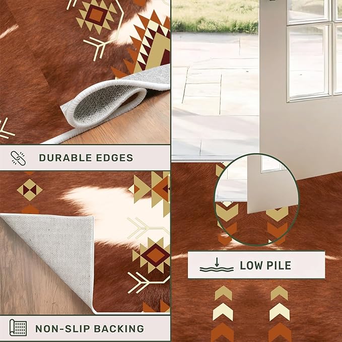 Cowhide Rugs for Kitchen,2x10ft,Cow Print Runner Rug for Hallway,Southwestern Decor Tribal Rug,Aztec Decor Western Rugs,Soft, Non-Slip, and Machine Washable Rustic Farmhouse Runner Carpet