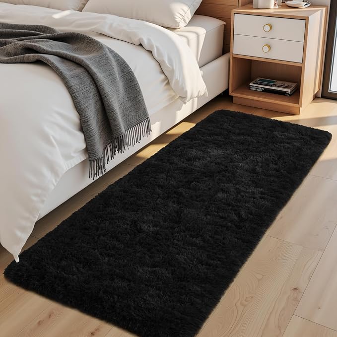 Macgace Fluffy Runner Rug, 2x6 Black Washable Hallway Area Rugs for Bedroom Living Room Kitchen Laundry, Long Shag Rug with Non Slip Rubber Backing Fuzzy Entryway Carpet Modern Home Decor