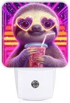 Sloth Night Lights Plug Into Wall, Playful Cartoonish Heart-Shaped Glasses Drink Summer Peach Smart Outlet Plug in Led Night Light Lamp for Living Room Entryway Kitchen Decor 1pcs