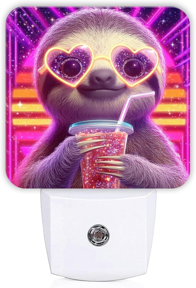 Sloth Night Lights Plug Into Wall, Playful Cartoonish Heart-Shaped Glasses Drink Summer Peach Smart Outlet Plug in Led Night Light Lamp for Living Room Entryway Kitchen Decor 1pcs