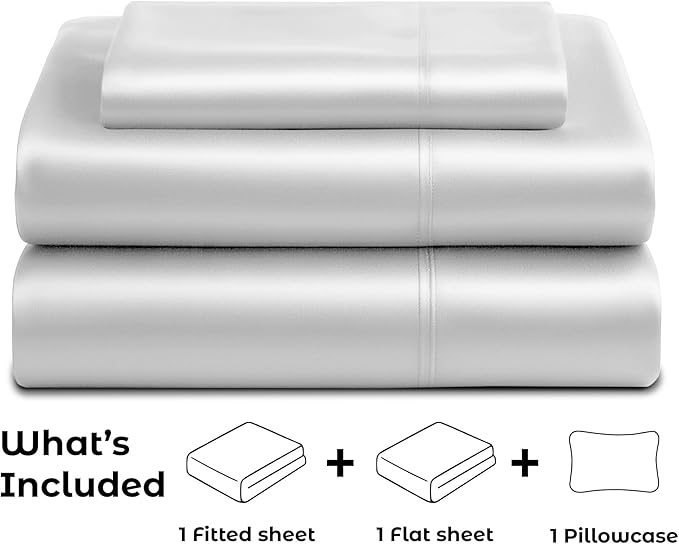 Pure Bedding Satin Sheets Twin [3-Piece, White] Hotel Luxury Silky Bed Sheets - Extra Soft 1800 Microfiber Sheet Set, Wrinkle, Fade, Deep Pocket Fitted Sheet, Flat Sheet, Pillow Cases