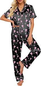 Ekouaer Silk Satin Pajamas Set Women Short Sleeve Sleepwear Soft Button Down Loungewear Pjs Set