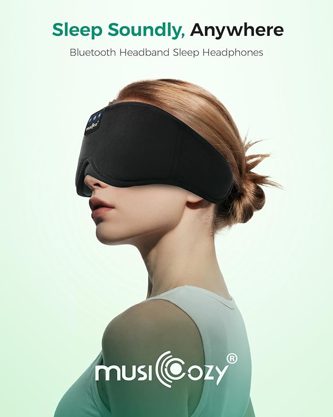 MUSICOZY Sleep Headphones Bluetooth Mask, Eye Masks with Headband, Sleeping Headphones for Side Sleepers Headband and Sleep Mask with Bluetooth Headphone Perfect for Sleeping
