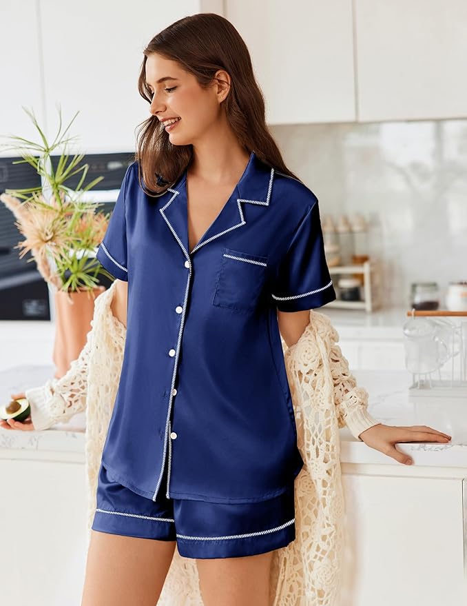 Ekouaer Womens Satin Silk Pajamas Set Short Sleeve Sleepwear Button Down Top and Shorts Loungewear 2 Piece Pjs Set S-XXL