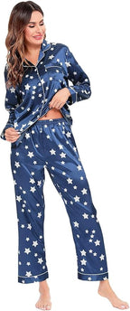 SWOMOG Womens Silk Satin Pajamas Set Long Sleeve Button Down Sleepwear 2 Piece Lounge Set Pj Set XS-3XL