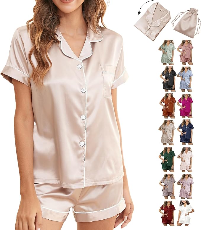 WJing Yi Jia Womens 3Pcs Floral Pajamas Sets Silk Satin Sleepwear XS~4XL Button Down Short Sleeve Shirt Pjs Loungewear