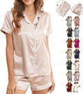 WJing Yi Jia Womens 3Pcs Floral Pajamas Sets Silk Satin Sleepwear XS~4XL Button Down Short Sleeve Shirt Pjs Loungewear