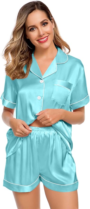 LecGee Womens Silk Satin Pajamas Short Sleeve Loungewear Two-Piece Sleepwear Button-Down Pj Set