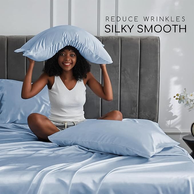 MR&HM Satin Bed Sheets with Elastic Corner Straps, Queen Size Sheets Set, 4 Pcs Silky Bedding Set with 15 Inches Deep Pocket for Mattress (Queen, Blue Haze)