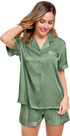LecGee Womens Silk Satin Pajamas Short Sleeve Loungewear Two-Piece Sleepwear Button-Down Pj Set