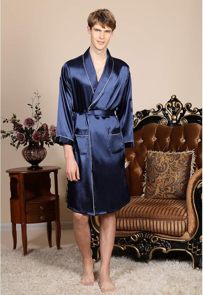 Mens Satin Robe,Silk Long Sleeve House Kimono Bathrobe,Soft Loungewear Dragon Robe
