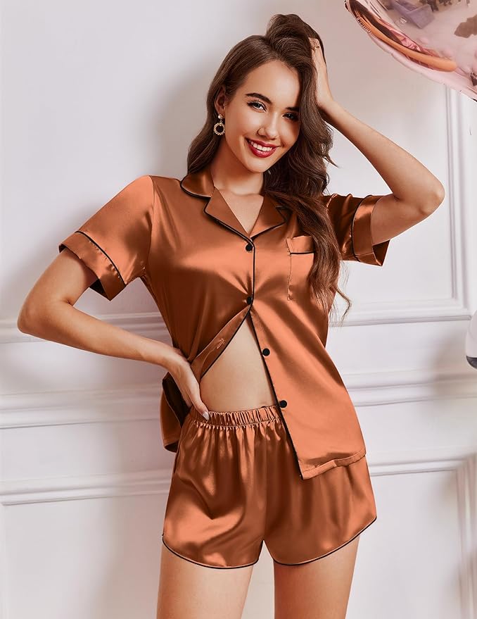 Ekouaer Womens Silk Satin Pajamas Short Sleeve PJS Shorts Set Soft Button Down Sleepwear 2 Piece Loungewear S-5XL