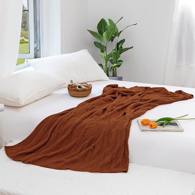 Aormenzy Dark Terracotta Knit Throw Blankets Oversized Cable Knit Decorative Throw Blanket Rust Soft Cozy Knitted Blanket for Sofa Couch Bed, 60" x 80"