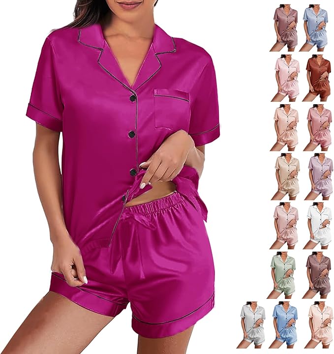 WJing Yi Jia Womens Silk Satin Pajamas Loungewear Two-Piece Sleepwear Button-Down Floral Pj Set XS-4XL