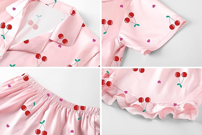 Umeyda Girls & Women Satin Pajamas Set Button Down 2 Piece Silk Pjs Shorts Set Ruffle Sleepwear, 5 Years-Women L