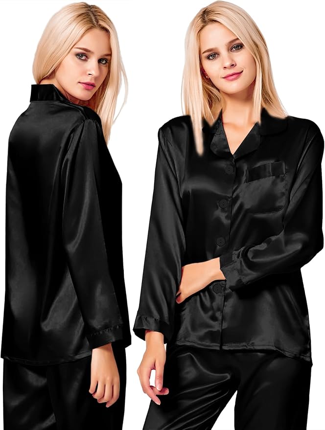 SWOMOG Long Sleeve Pajamas Set Silk Satin Sleepwear Button Down Pjs Loungewear with Pocket