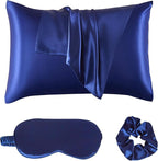 Satin Pillowcase for Hair and Skin, Super Soft Vegan Silk Sleep Set-2 Satin Pillow Cases Standard Size, 1 Eye Mask, 1 Scrunchie, Self Care Essential Satin Night Routine Kit, Navy Blue