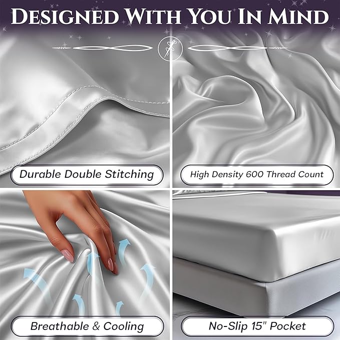 SLEEP SANCTUARY Satin Sheets King Size – 4 Piece Luxury Silky Bed Set, Softer Than Silk, 15" Deep Pocket, Cooling & Wrinkle-Free, Moisture-Wicking & Breathable for Hair & Skin (White)