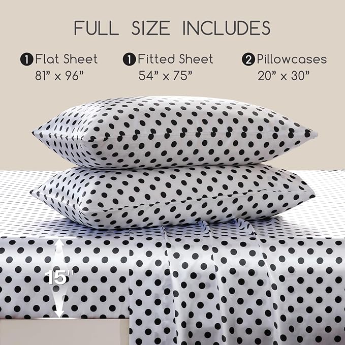 MR&HM Satin Bed Sheets with Elastic Corner Straps, Full Size Sheets Set, 4 Pcs Silky Bedding Set with 15 Inches Deep Pocket for Mattress (Full, Polka Dot)